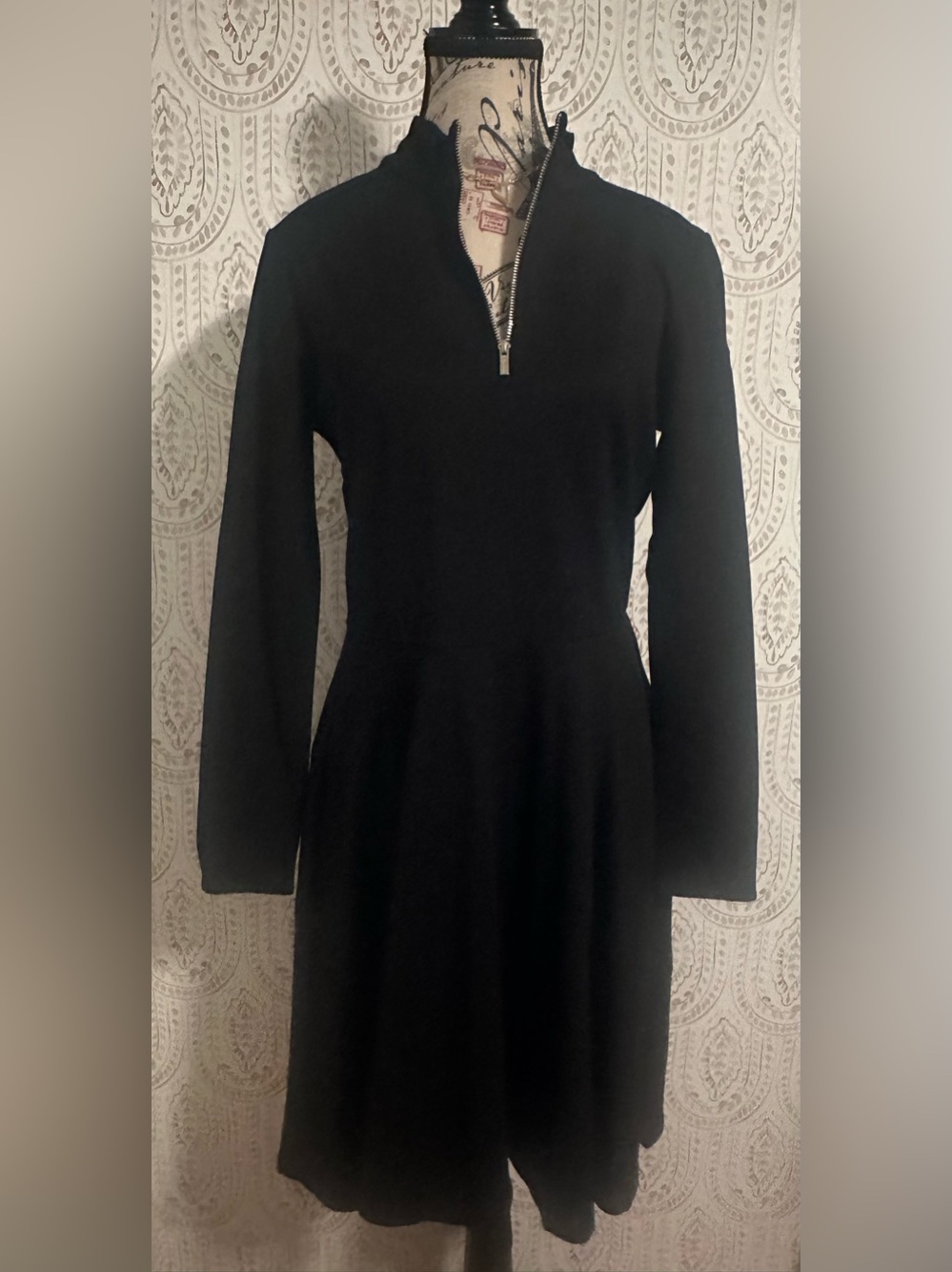 T Tahari Black Long-Sleeve Zip-Front Fit-and-Flare Dress new no tags